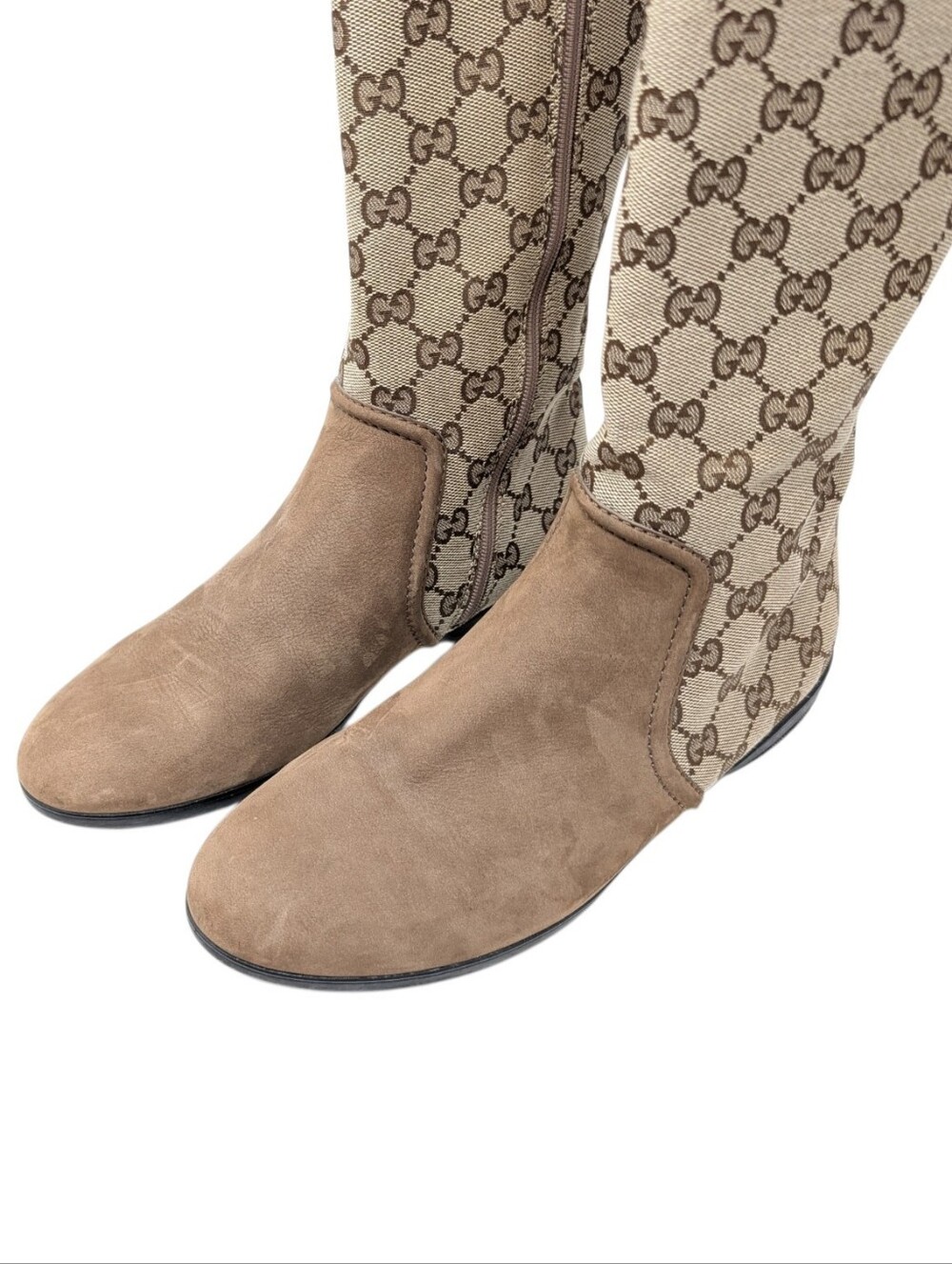 Gucci Monogram Beige Brown Canvas Suede Knee High Flat Riding Boots Size EU 37.5 - Picture 6 of 14